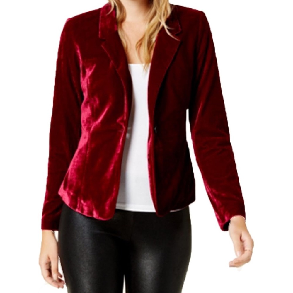 Kensie Velvet Blazer Crimson Berry Red Burgundy Single Button Jacket M Polka Dot